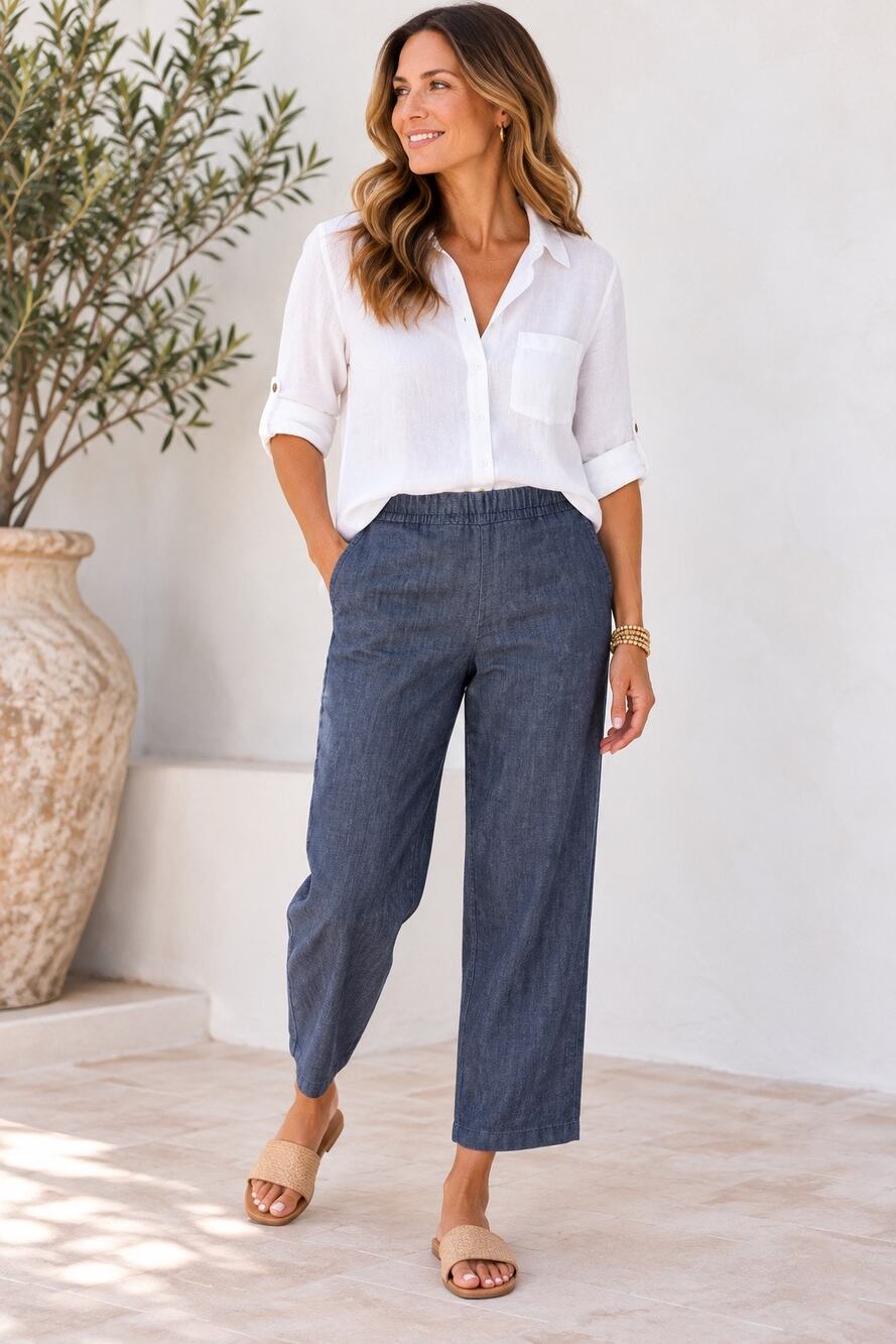Eileen Fisher Pants Women’s L Blue Chambray Pull On Straight Leg Cropped
